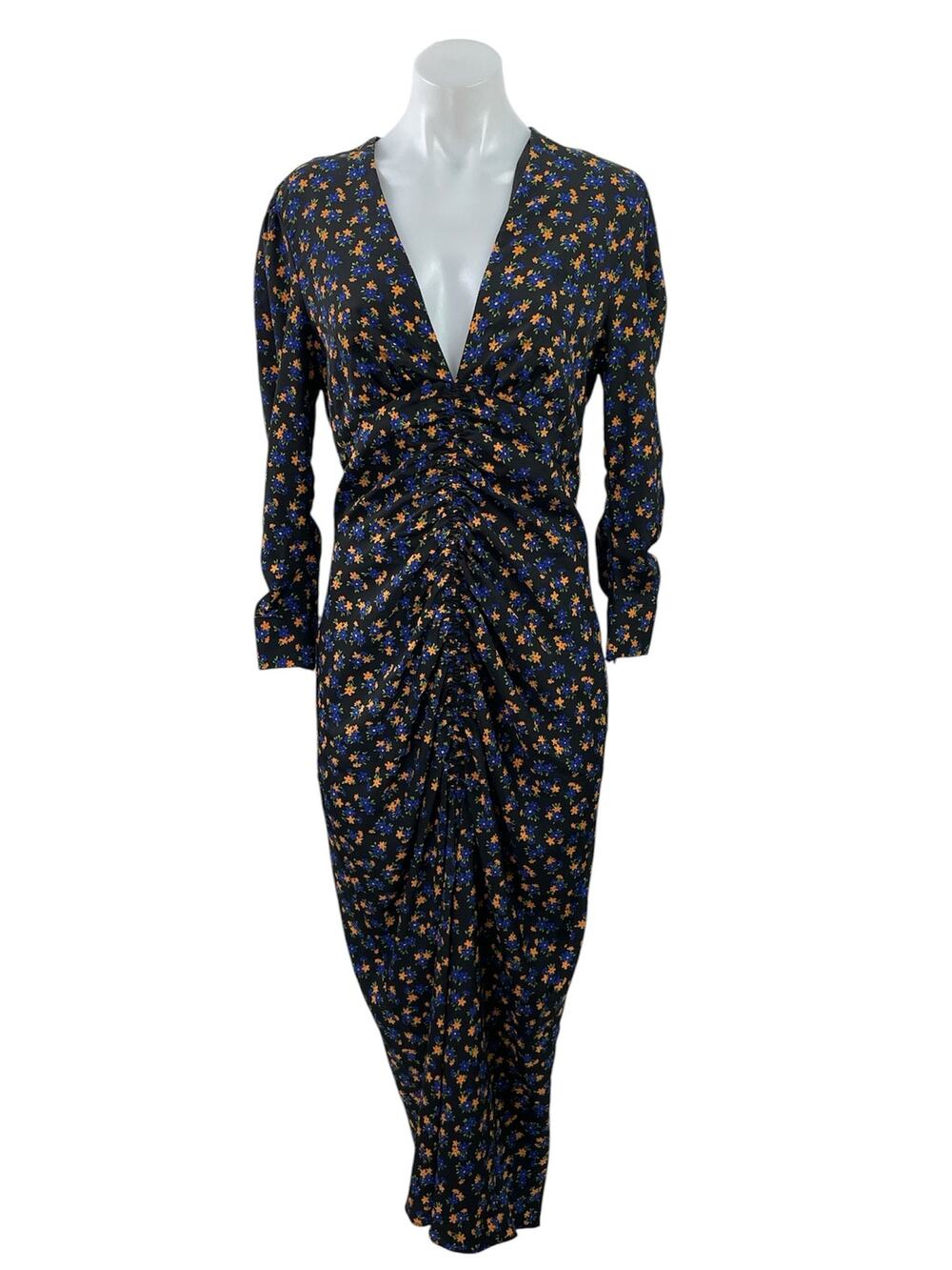 NEW Topshop Black Floral V Neck Long Sleeve Ruched Midi Sheath Dress Size 8